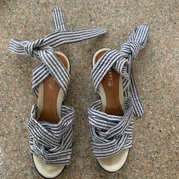 Sperry Top-Sider Striped Seersucker Cork Wedges - Picture 2 of 8